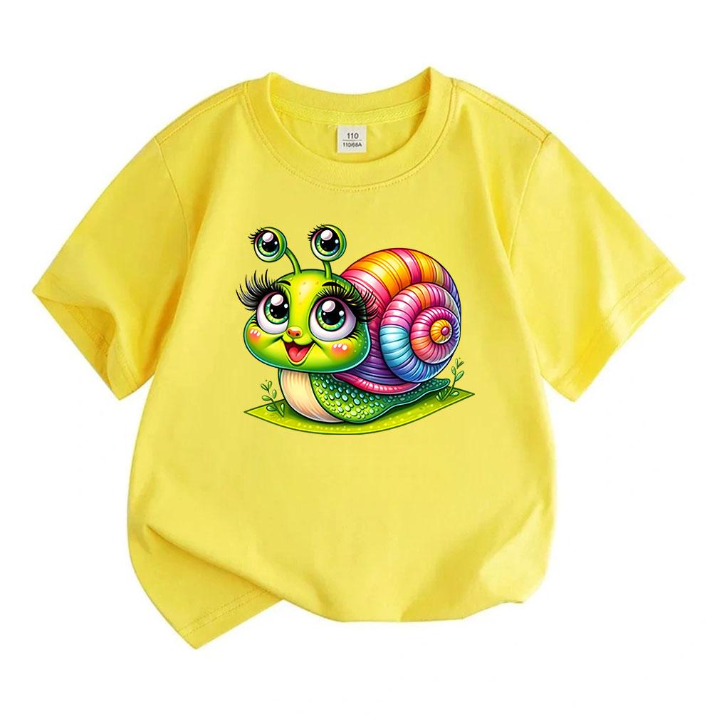 Kids Boys Girls 100% Cotton Crew Neck Short Sleeve T-Shirt, Cute Cartoon Rainbow Snail Print Casual Soft Breathable Summer Tee for Daily Wear
