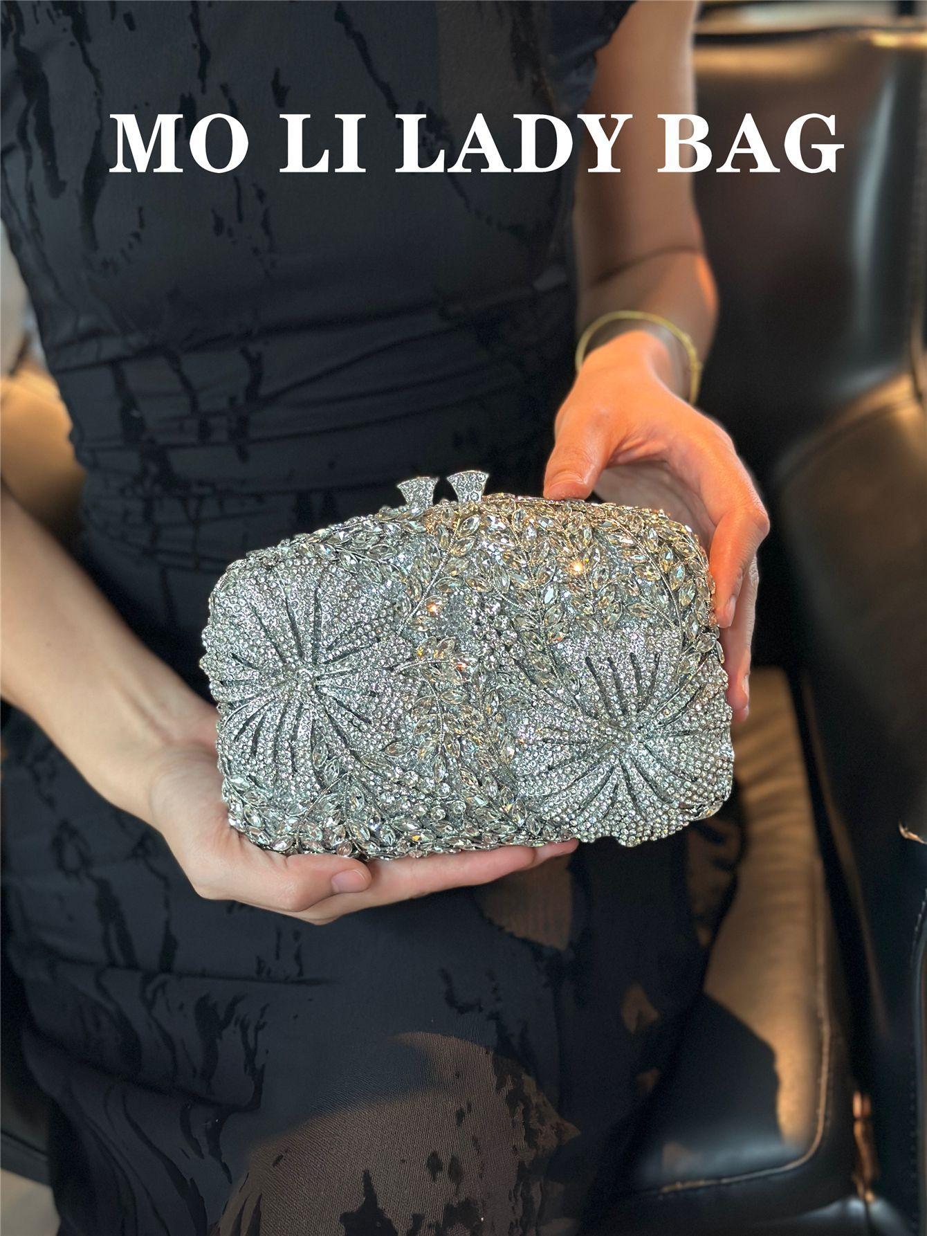

Luxury Designer Wedding Party Clutch Purse Crystal Shiny Floral Metal Box Women Handbag Glitter Rhinestones Diamond Evening Bag