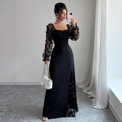 Damen Elegantes Quadratischer Ausschnitt Blasenärmel Langarm Mesh-Einsatz Jacquard Maxikleid 3D Schlankmachend A-Linie Schwingend Langkleid