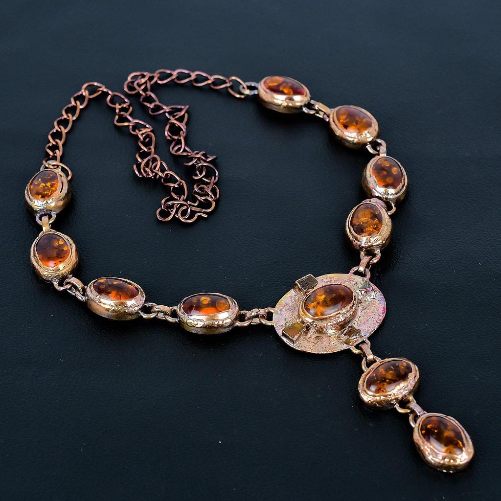 Halsband av baltisk bärnsten, Elektroformade smycken i koppar, Ädelstenshalsband, Gåva till henne Handgjorda nätta smycken