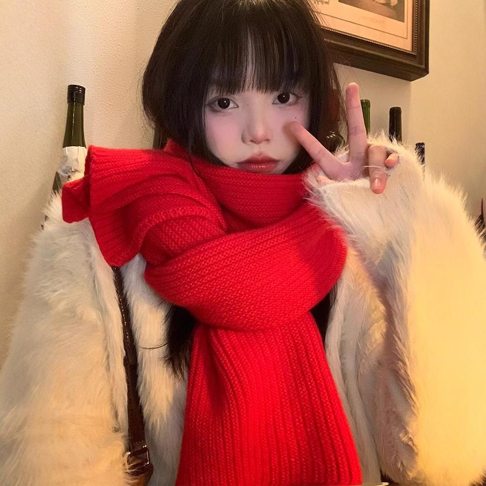 New Year's Eve Red Knitted Wool Scarf Women's Winter Korean Version Versatile Atmosphere Student Warm Scarf Thickened