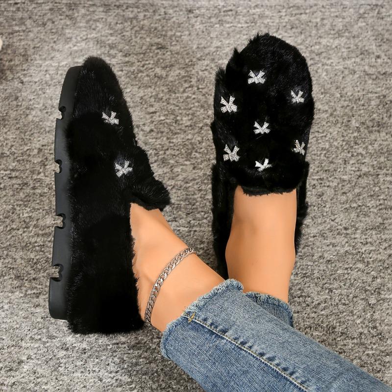 2026 Fashionable Hot Sale Simple Crystal Flower Fur Flats Women Ankle Strap Furry Rhinestone Snowflakes Fur Winter Shoes