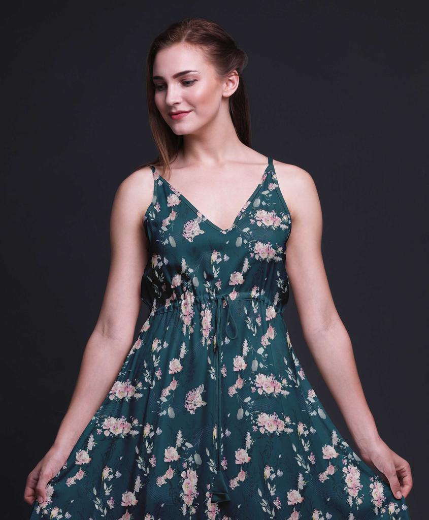 Bimba Floral Ladies Printed Resort Midi Drawstring Dress Spaghetti Strap Beach