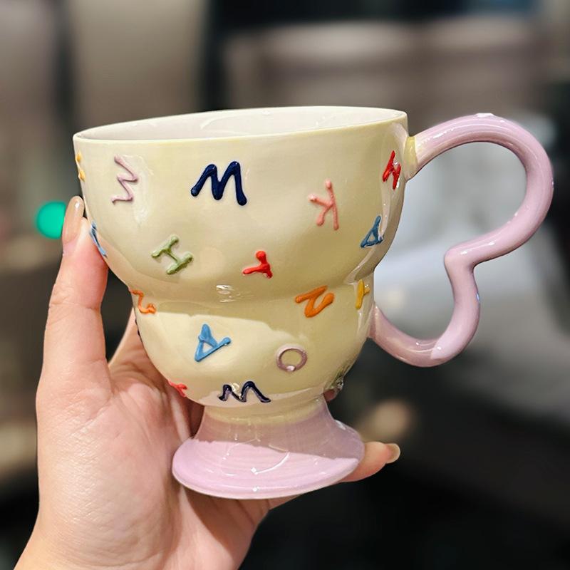 Creative Embossed Letter Crown Goblet Niche Design Ceramic Mug Office Coffee Cup Souvenir