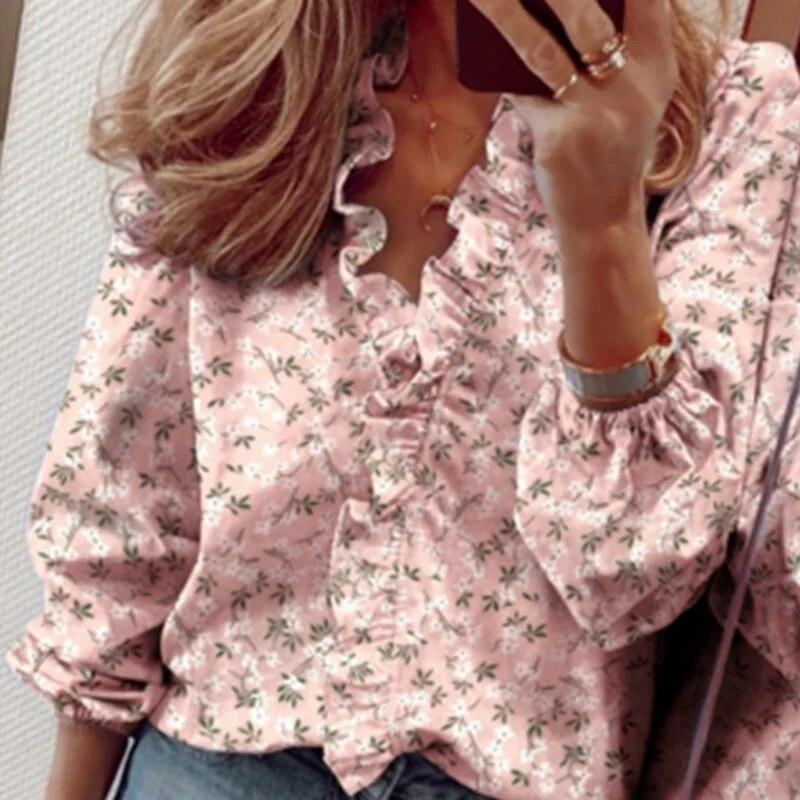 

Рубашка с принтом и рюшами женская с длинным рукавом и V-образным вырезом осень-зима L