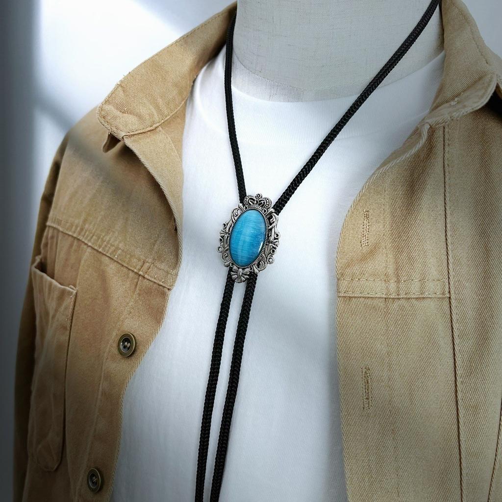 Men Vintage Bolo Tie Western Cowboy Antique Stone Feathered Pendant Shirt Collar Jewelry Braided Rope Necktie Neckwear
