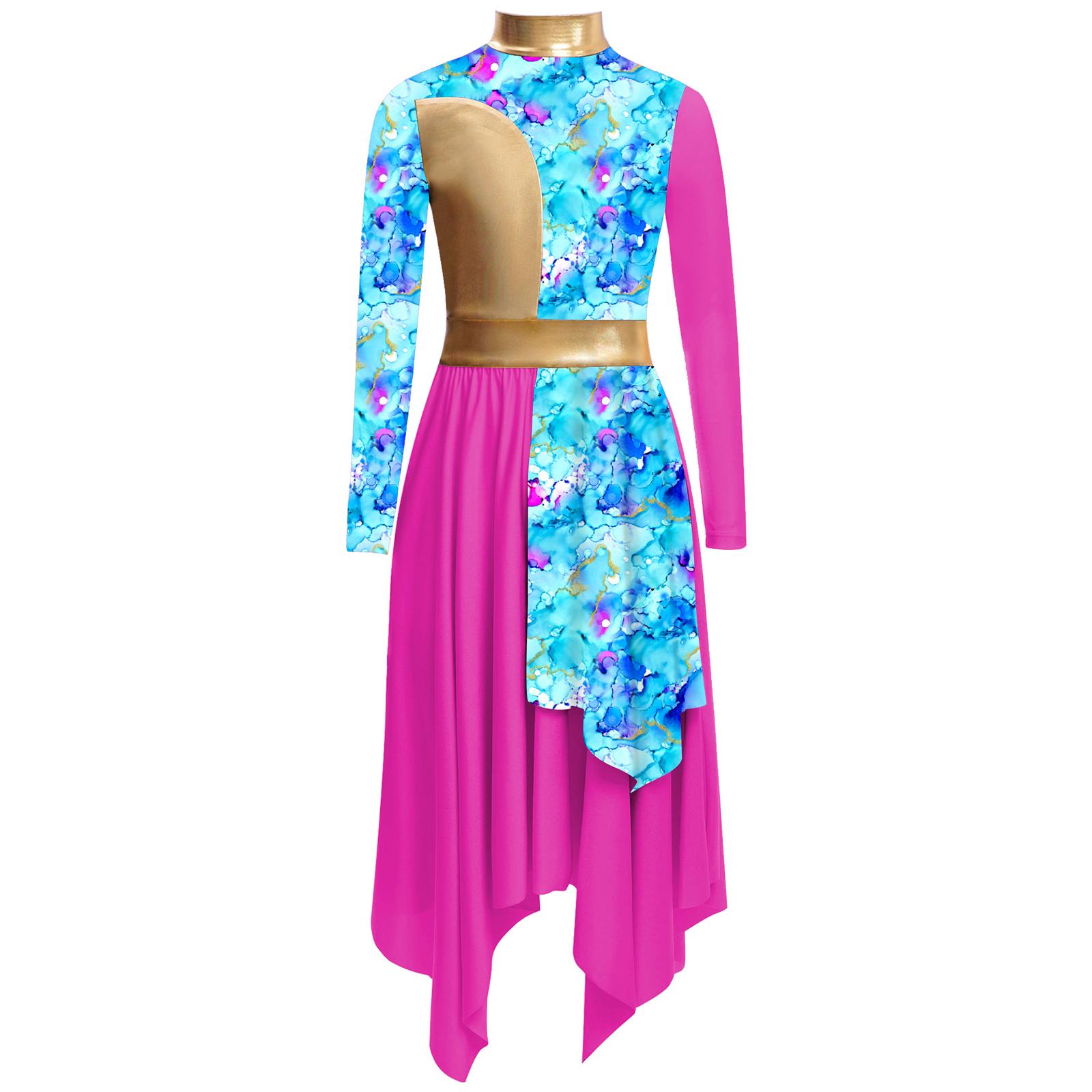 

Girls Liturgical Dance Dress Mock Neck Long Sleeve Color Block Metallic Patchwork Asymmetrical Hem Worship Costume 5-6 Years гарячі рожевого кольору