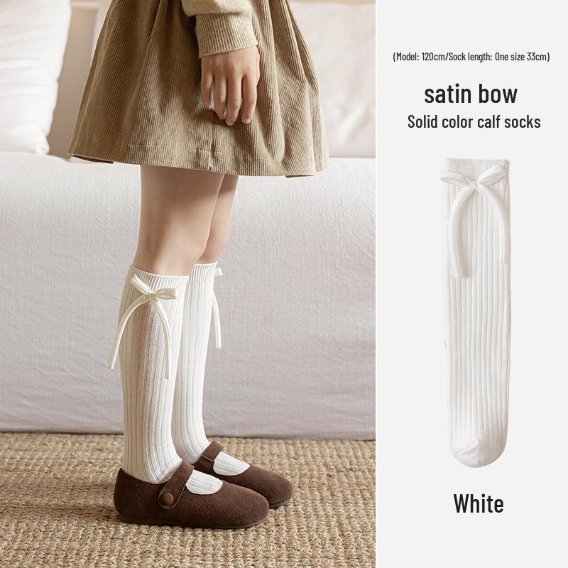

Girls Vertical Stripe Mid-Calf Knitted Socks with Sweet Bow - Autumn/Winter Over-the-Knee Leg Warmers One Size