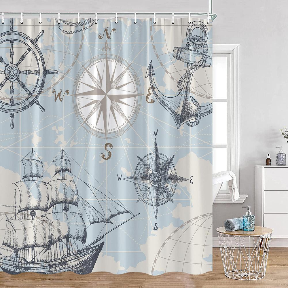 Nautical Cartoon Shower Curtain Lighthouse Sailboat Compass Adventure Treasure Map Bathroom Decor Kids Polyester Bath Curtain