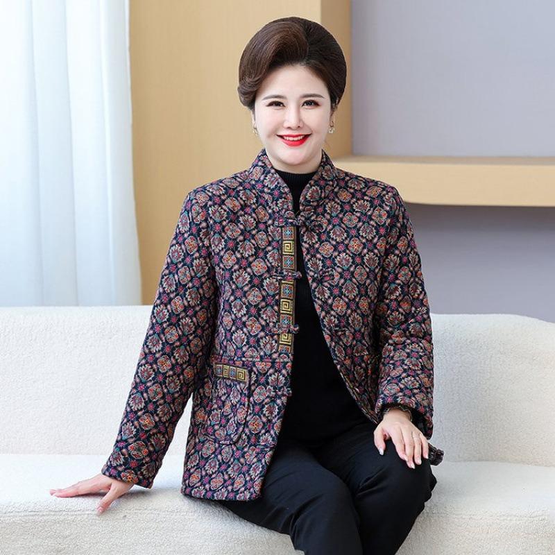 

Средний и пожилой утолщенный цветочный китайская пряжка плюс большой размер хлопковая одежда универсальная зимняя новинка теплая стеганая куртка 5XL recommends 155-85kg фиолетовый