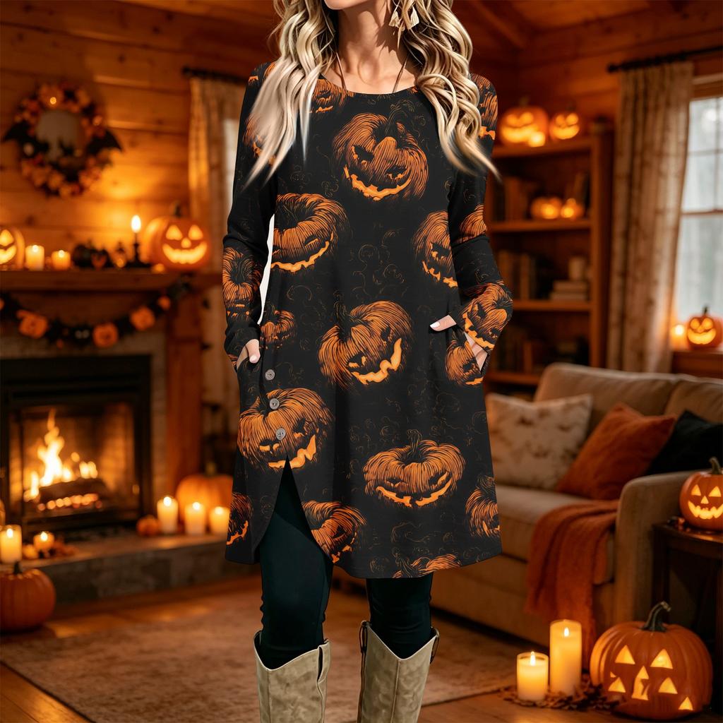 Women's Casual Printed Long Sleeve Neck Dress for Daily Wear