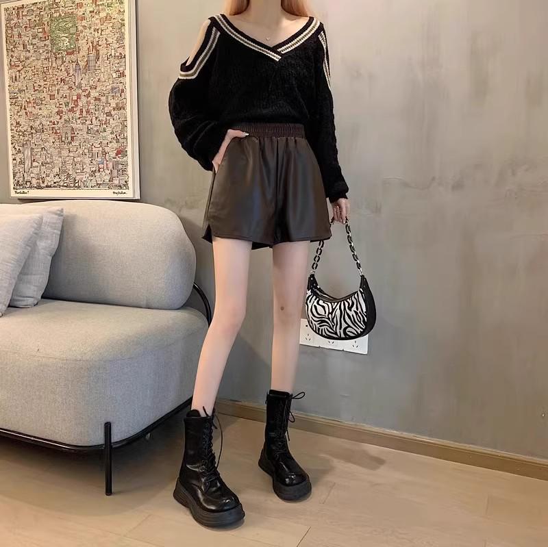 Women's High-Waisted PU Leather A-Line Shorts - Winter 2024, Versatile Wide-Leg Bootcut Pants