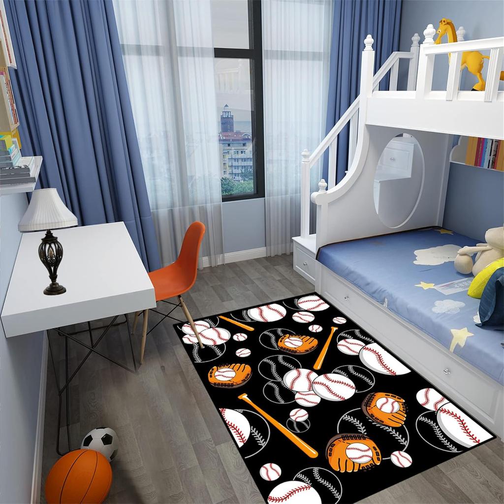 Baseball Rug for Boys Bedroom and Playroom, Non-Slip Sport Carpet, Living Room and Bedroom Decor