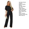 Women Jumpsuit with Lace-up Belt Wide Leg Short Sleeves Pure Color O Neck