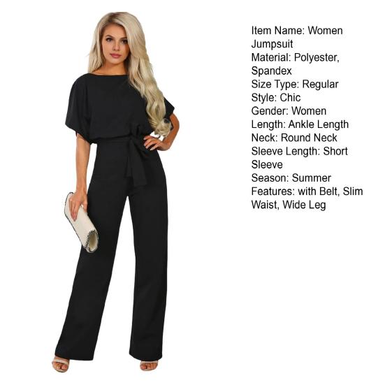 Women Jumpsuit with Lace-up Belt Wide Leg Short Sleeves Pure Color O Neck
