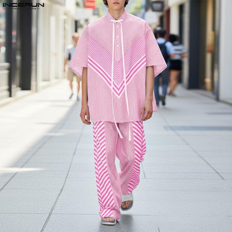INCERUN 2 Stück Sommer Herren Kurzarm Gestreifte Nähte Hemden und Lange Hosen Übergroße Outfits Sets