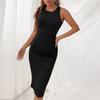 Women Dress Solid Color Ribbed Summer Stretchy Hip Wrap Midi Dress Streetwear