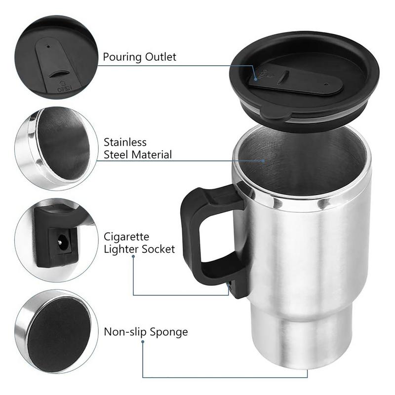 12V 500ml USB Electric Heating Car Kettle Camping Travel Kettle Water Coffee Milk Thermal Mug Auto Heating Cup Stainless Steel