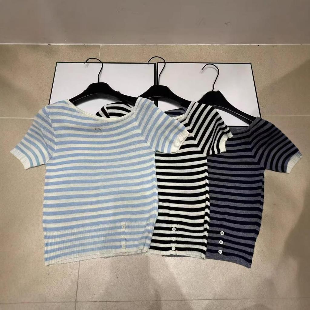 High-Quality Off-Shoulder Striped Knit Short-Sleeve Casual Top - 2026 Summer Collection