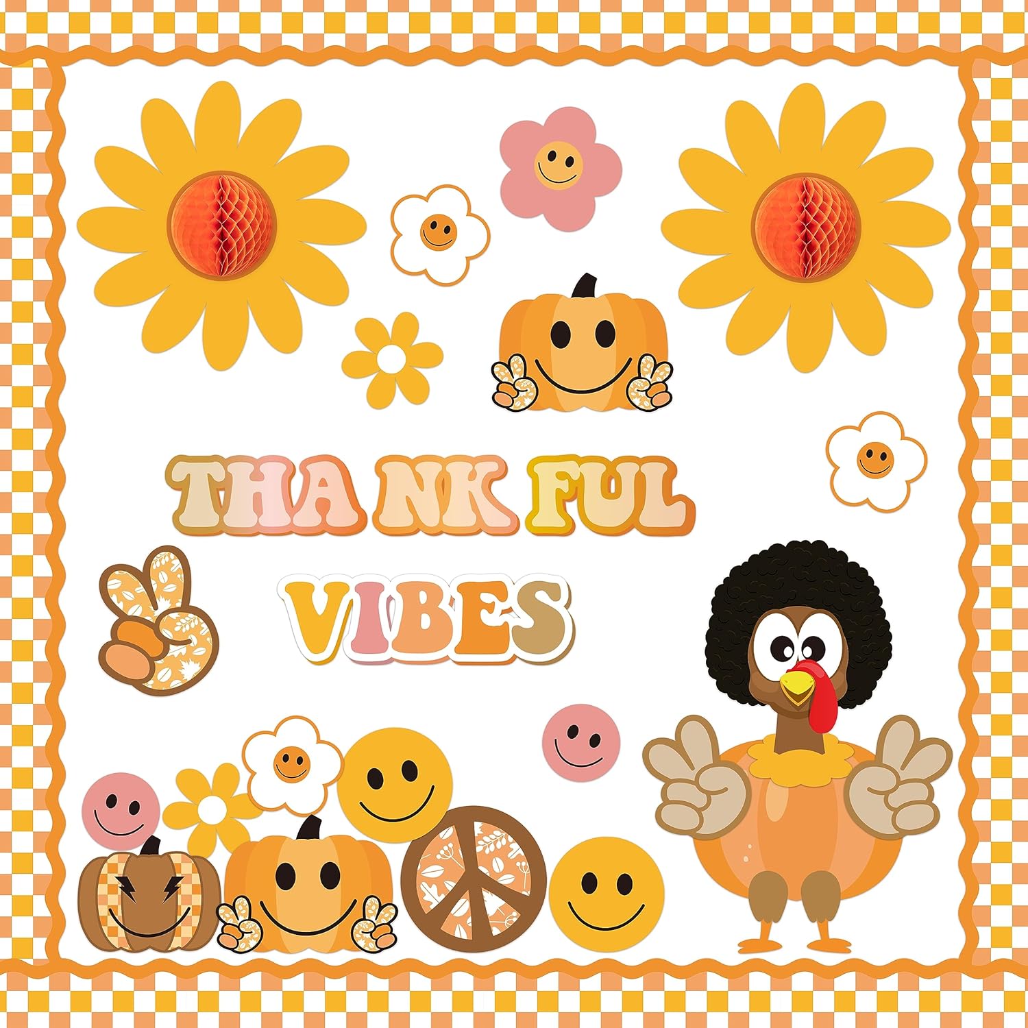 Xqumoi 91Pcs Retro Groovy Fall Turkey Bulletin Board Thankful Vibes Borders Decorations Hippie Autumn Pumpkin Daisy Give Thanks Cutouts for Turkey