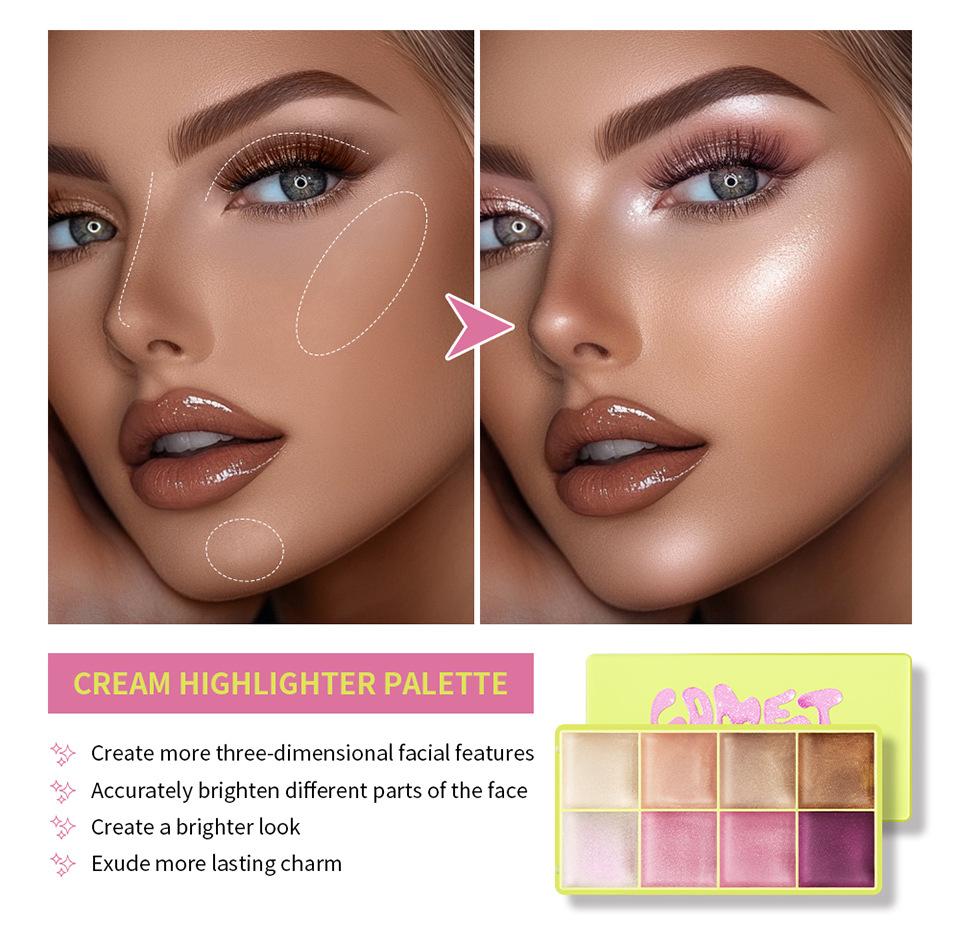 8-farebná krémová paleta rozjasňovačov trblietavý lesk rozjasňovač ľahký krém na make-up rozjasniť tvár telo prirodzený kontúrny kozmetický