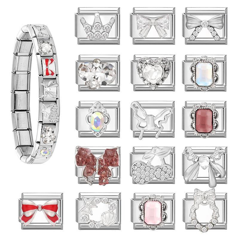 Y2K Zircon Cherry Bow Heart Butterfly Shiny Italian Charm Links Fit 9MM Bracelet Stainless Steel Jewelry DIY Making Jewelry