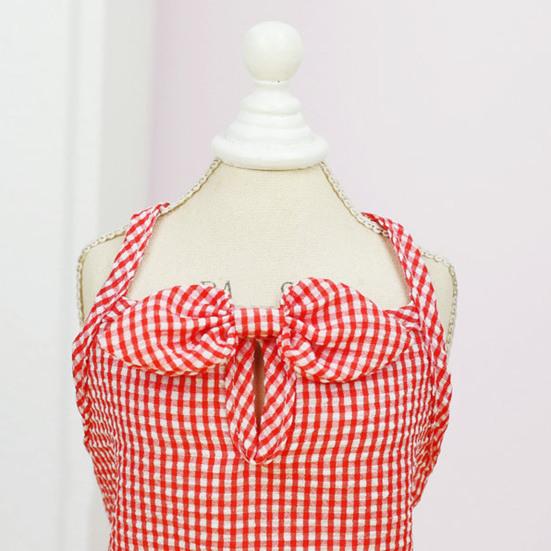 Pet Dress Comfortable Soft Square Neck Sleeveless Plaid Print Pet Puppy Dog Bowknot Dress Pet Supplies