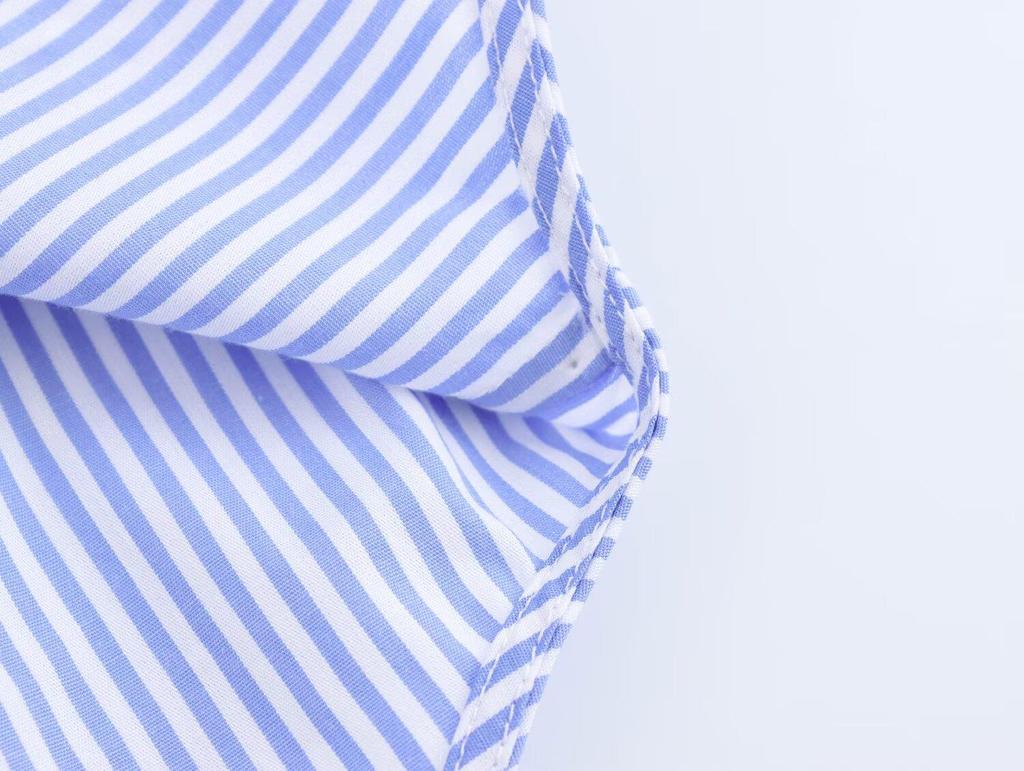 2025 Spring/Autumn Floral Print Blue Striped Loose Fit Long Sleeve Shirt with Turn-Down Collar