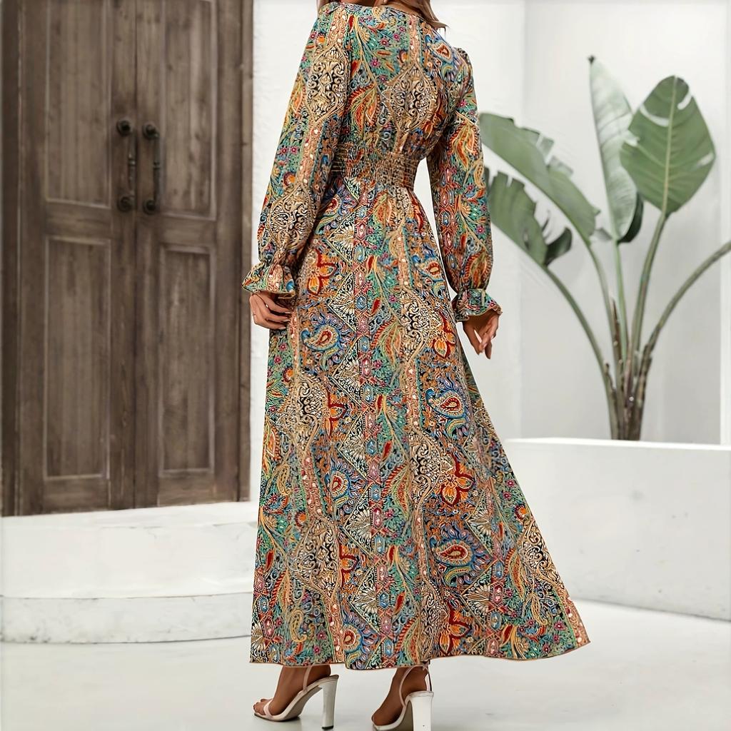 European and American Retro Printing Dress V-neck Waist Ruffle Edge Long Sleeve Big Swing Elegant Long Dress Women's Clothing