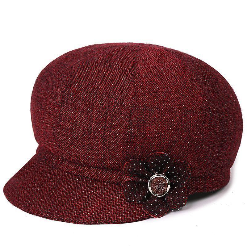 Полиэстеровая кепка для пожилых женщин с цветочным декором для весенне-осенней повседневной носки Burgundy