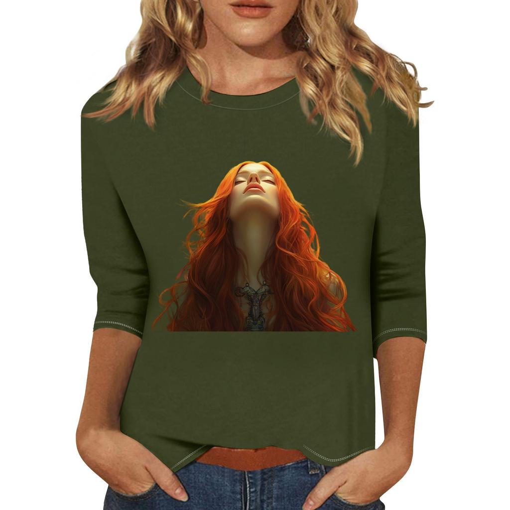 Women's Fashion Casual Three-quarter Sleeve Character Printed Round Neck Pullover Top