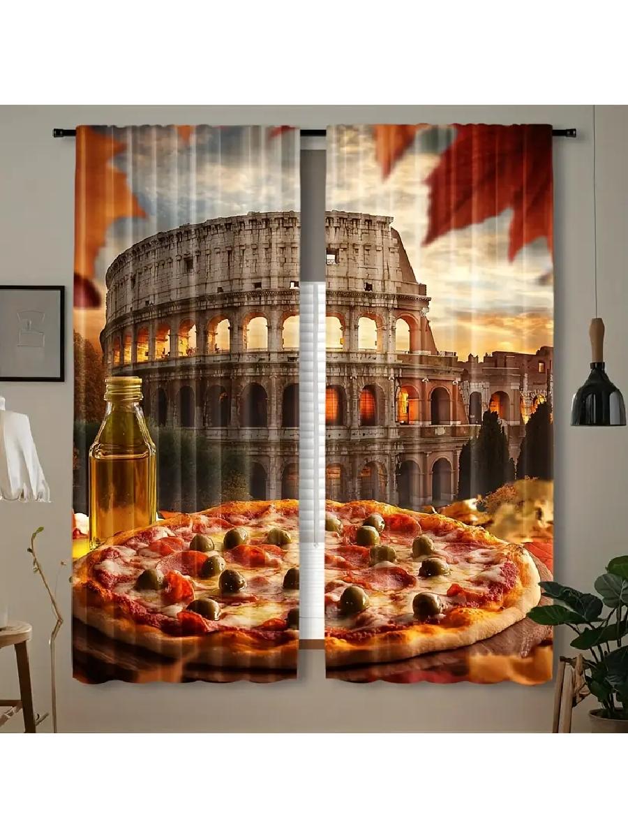 

Italian Pizza Colosseum Printed Curtains Designed Quality Material Ideal Food Travel Enthusi Semi Sheer Set Of 2 Made Polyester W100*H70(CM)-Rod Pocket&2PCS