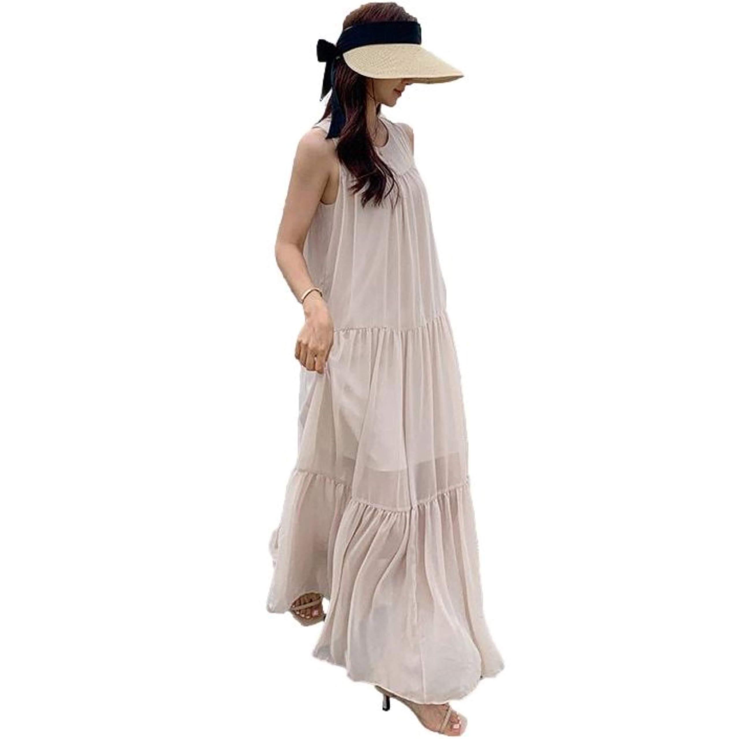 

Blue Beryl Round Chiffon Dress with Beige Women s Long, Tiered, Sleeveless, Neck, A-Line Lining, BB045-BG-M