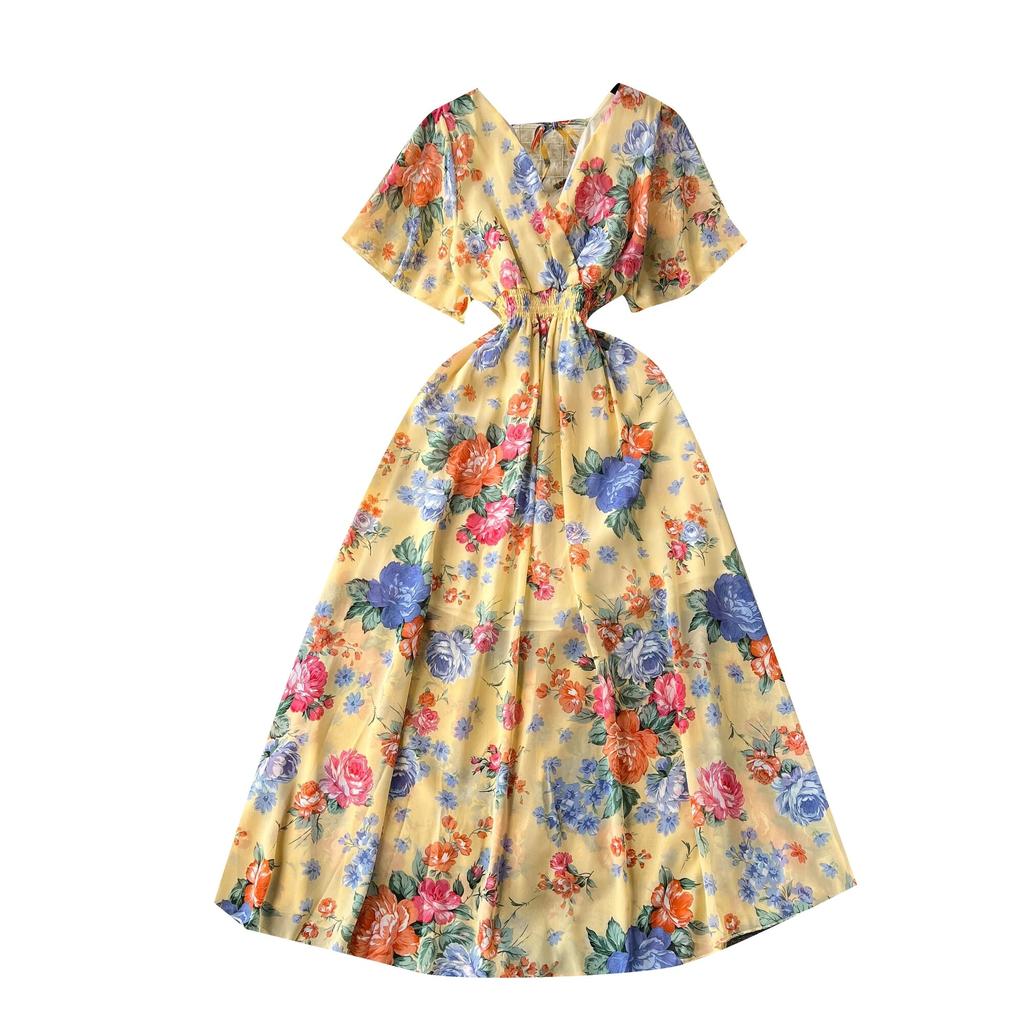 Abito Chiffon Stampato Sle Vacanza al Mare Donna Estate Nuovo Scollo a V Aderente in Vita Snellente Lunghezza Media Ampia Gonna a Ruota Moda