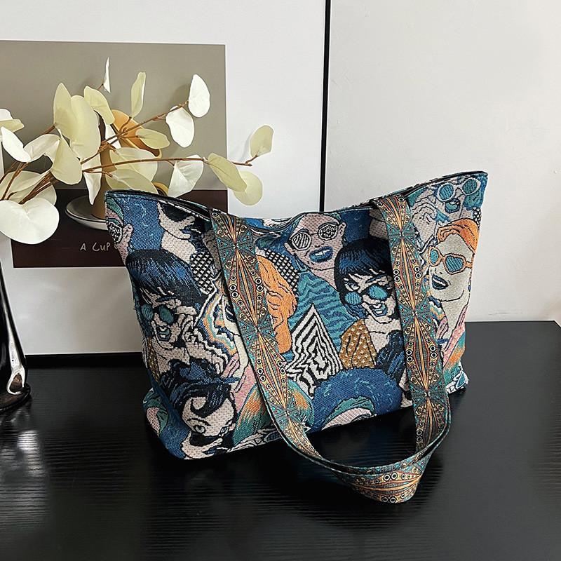 

Trendy Large Capacity Canvas Tote Bag With Stylish Print Perfect For Everyday Use синій