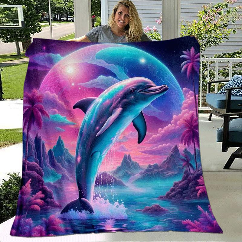 1pc Dolphin Printing Lightweight Flannel Blanket, Comfortable and Warm Blanket, for Camping Sofa Bed and Couch Office, Gift