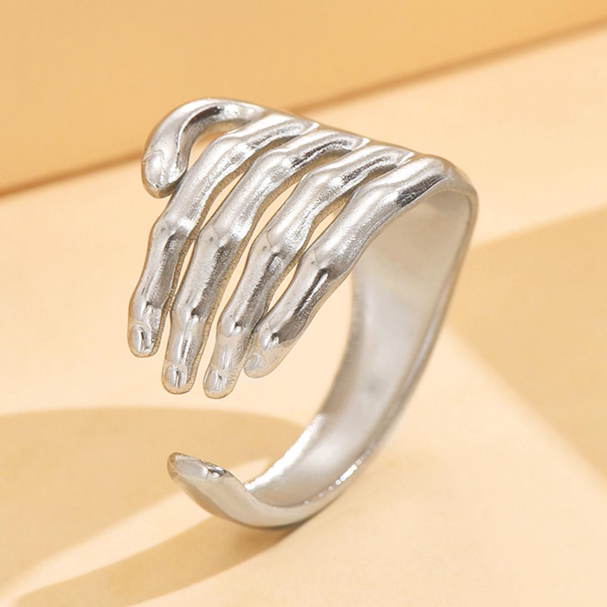 18K Gold Punk Boyfriend Style Open Stainless Steel Ring with Unique Hand Design
