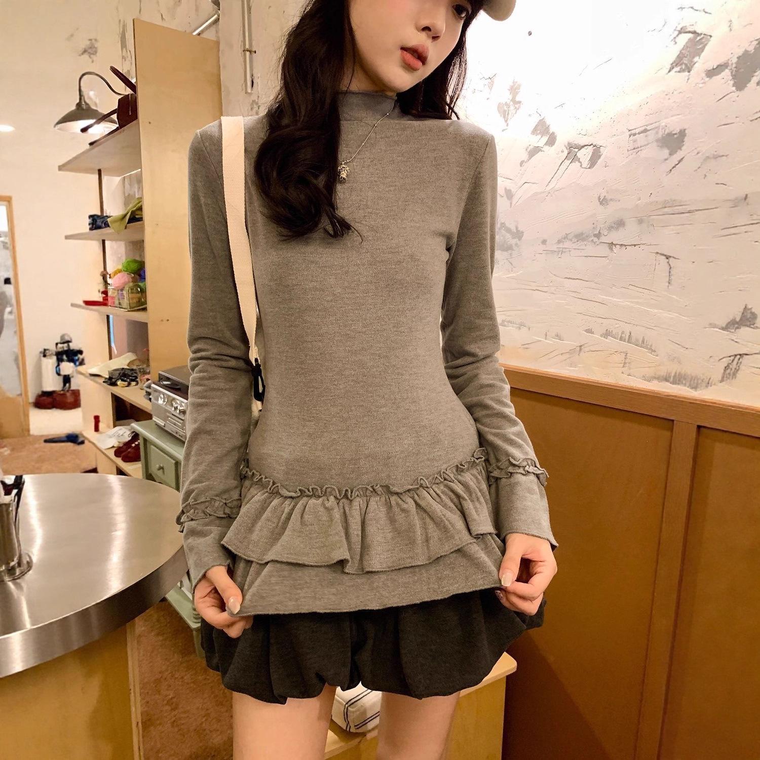 Korean Style Casual Half-High Neck Long Sleeve Women s T-Shirt - Autumn/Winter New Arrival Brushed Slimming Top M серый