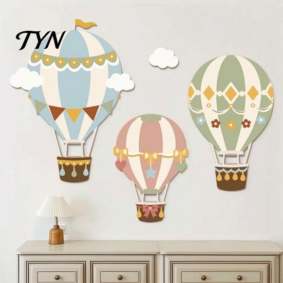 Montessori Early Education Wall Decoration 3Pcs Cute Hot Air Balloon Wooden Decor, Cloud Banner Nursery Pennant Hanging Hanging, Playroom Background