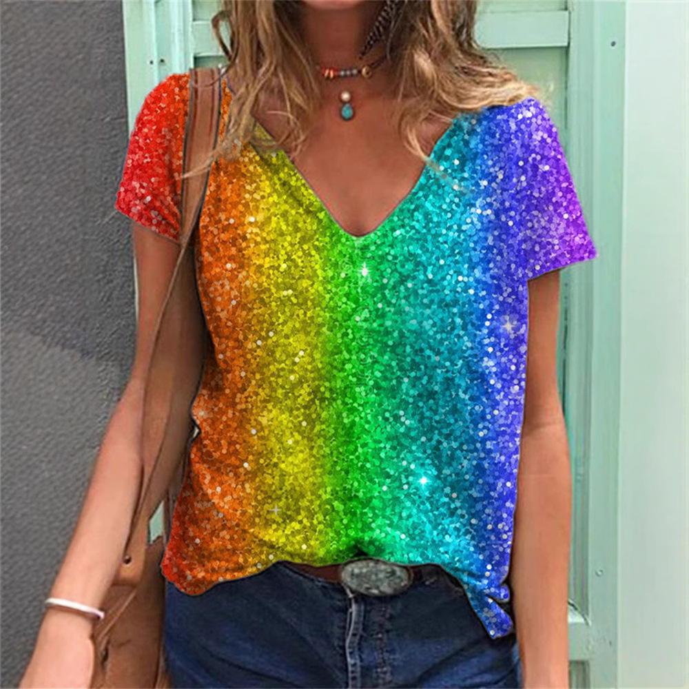 Summer V-neck 3D Cat Flower Colorful Printed Top Fashionable Casual Short Sleeved Women's T-shirts