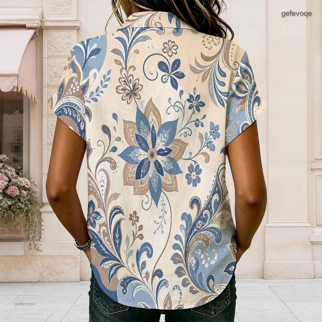 Women Plus Size Paisley Floral Printed Shirt Collared Short Sleeve Button Front Blouse