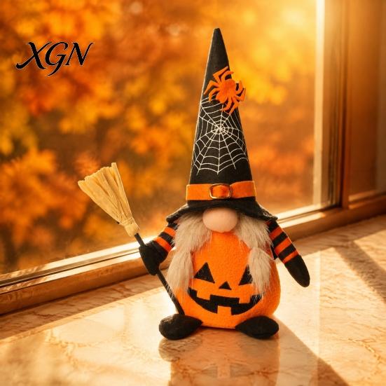 Creepy Gothic Style Ornaments Halloween Plush Gnome Decoration, Spooky Orange Black Spider Web Bat Swedish Faceless Dolls Tomte Elf Figurine,