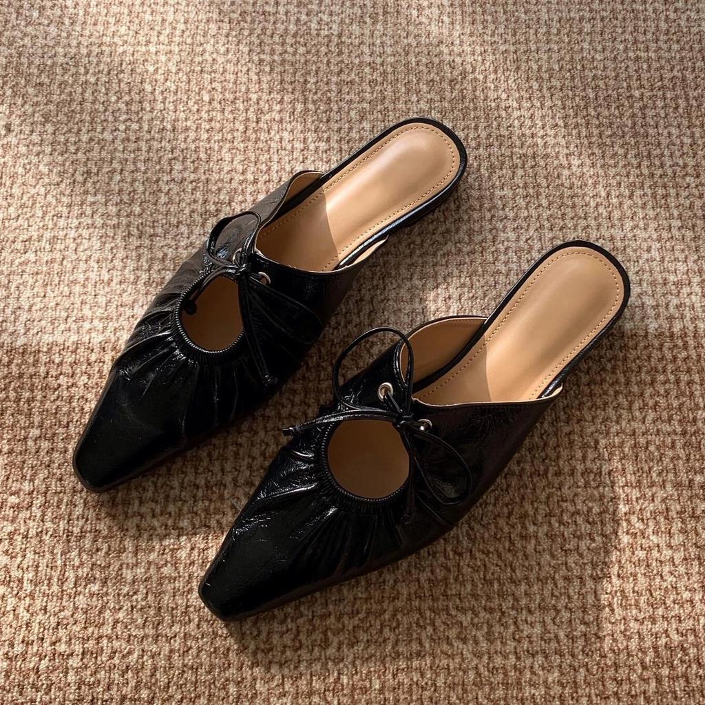 Leather French Niche Pleated Lace-up Bag Head Half Slippers Women's 2025 Spring and Summer Fashion Pointed Flat-soled Mullers
