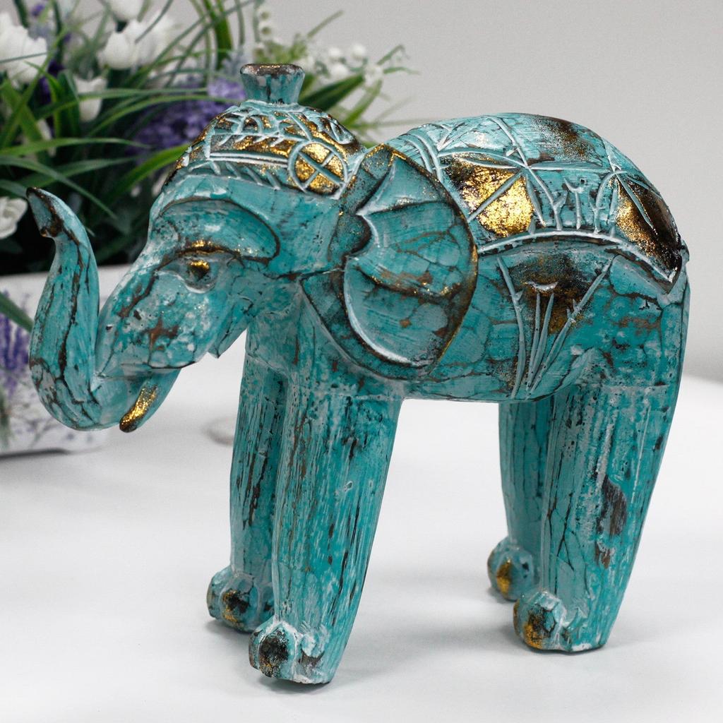Hand Carved Wooden Elephant Statue, Turquoise Gold