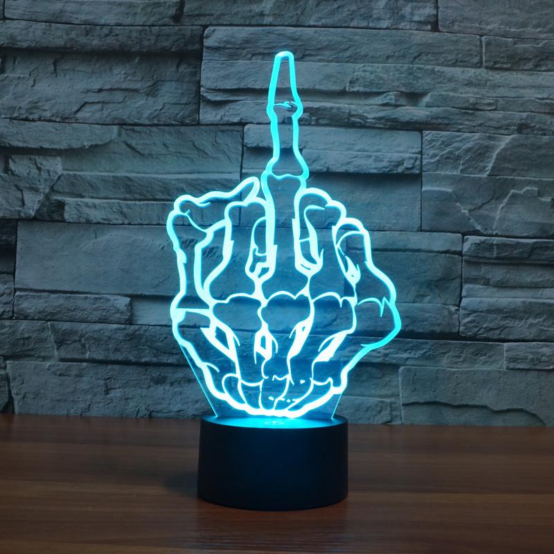 Hand Skull Middle Finger 7 Color Acrylic Led Night Light Touch Control Decorate