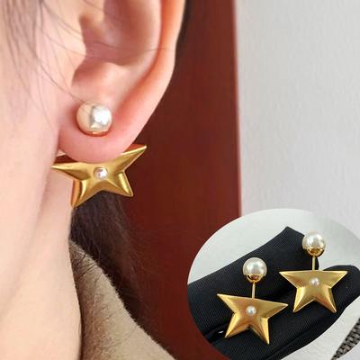 New Star Stud Earring Pearl Vintage Trendy Pentagram Simple Metal Three-Dimensional Ear Accessories Earrings for Women Jewelry