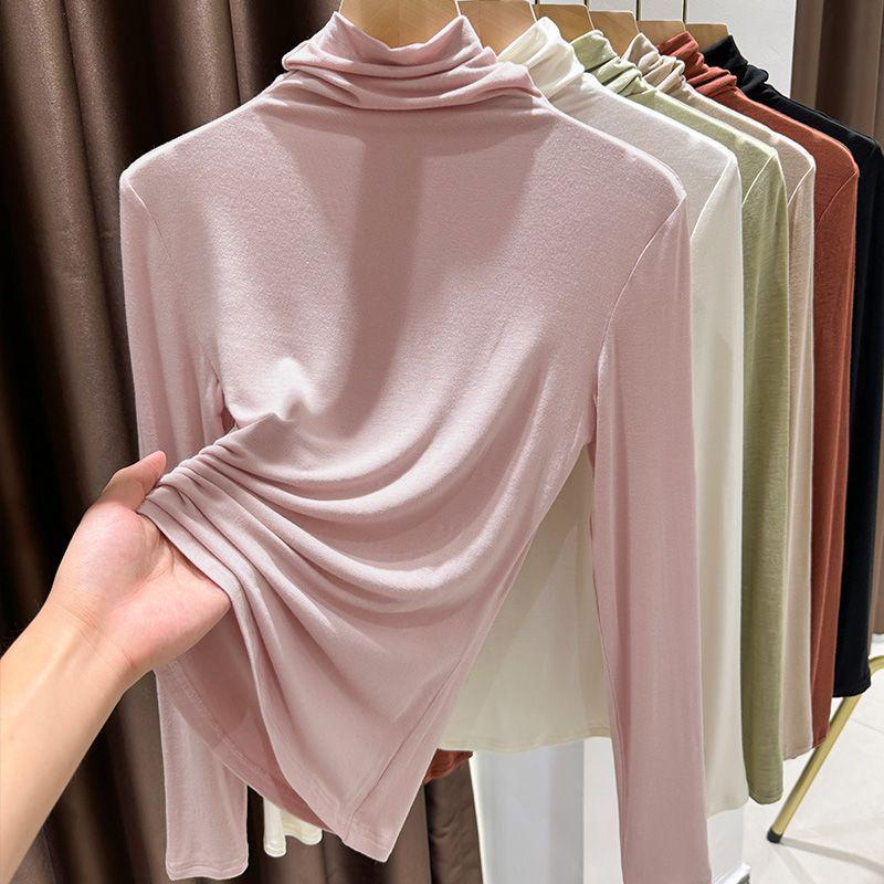 Women's Modal Apricot Slim Fit High Neck Base Layer Shirt for Spring/Autumn