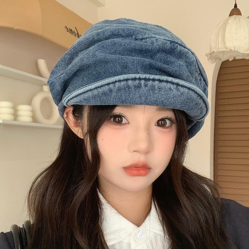 Japanese Washed Old Denim Pleated Beret Hat for Women Retro All Match Face Showing Little Painter Octagonal Hat Newsboy Hat
