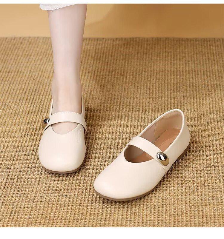 Soft-soled Mary Jane Small Leather Shoes for Women's 2025 Autumn New Popular Retro Single Shoes Versatile Flat-soled Shallow-mouth Beanie Shoes