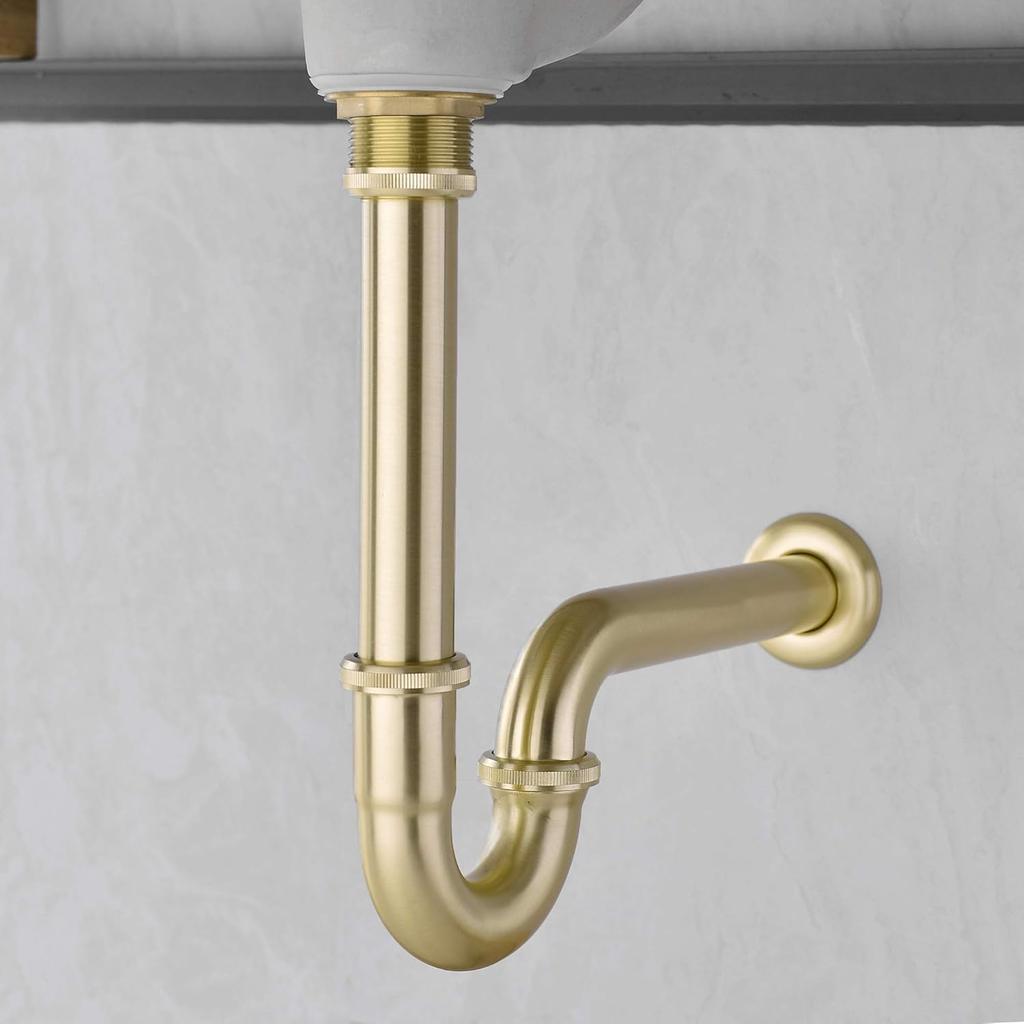 Brass P Trap, 1 1/4 Bathroom Basin Sink Waste Trap Drain Kit with Flange and Slip Joint Extension Tube Drain Tailpiece, Adjustable Height, Brushed